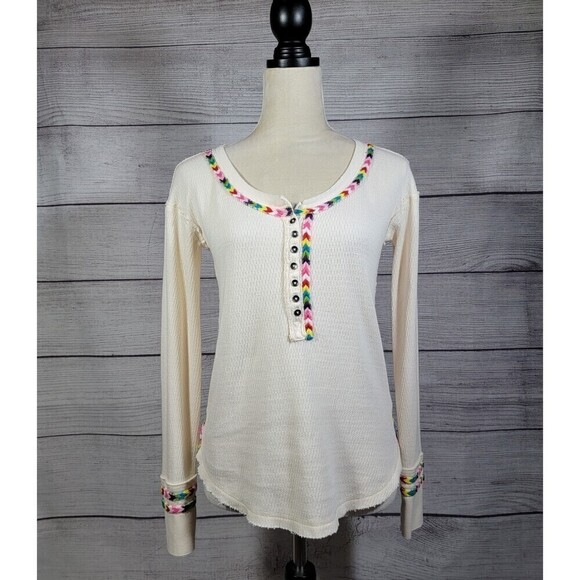WE The Free Free People Rainbow Thermal Tee In Ivory Size X-Small - Picture 3 of 11